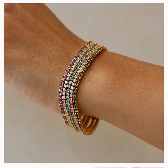 LISA GOZLAN THE CLASSIC 2MM TENNIS BRACELET GOLD AQUA - Picture 1 of 5